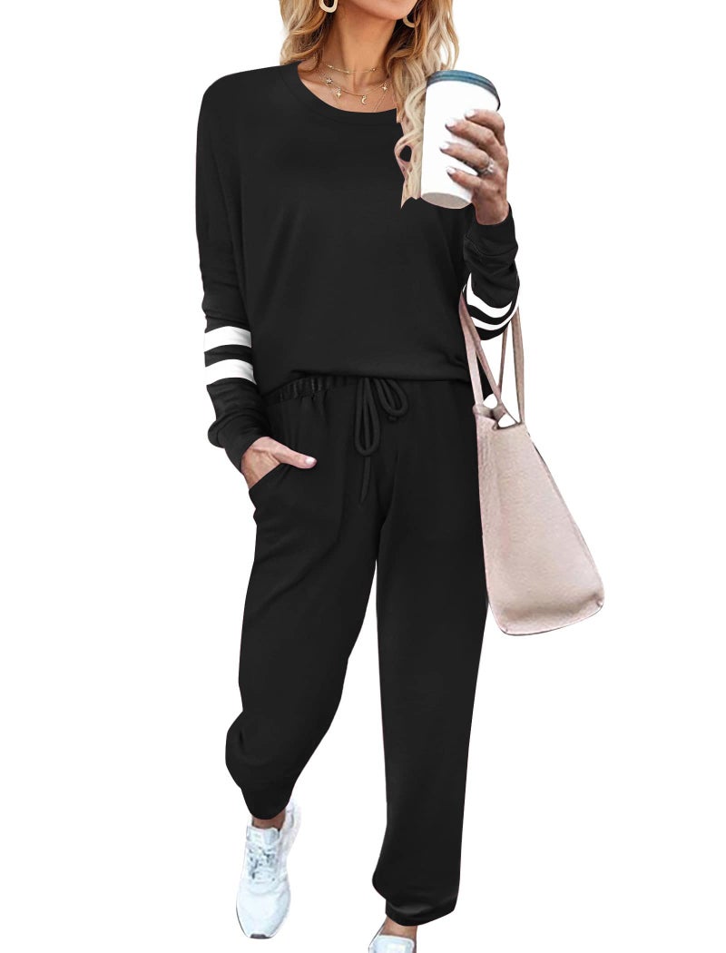 Ekouaer Sweatsuits Womens Loungewear Set Tracksuit Long Sleeve Pajamas Set with Pockets 2 Piece Outfits Lounge Sets Black Medium - Image 1
